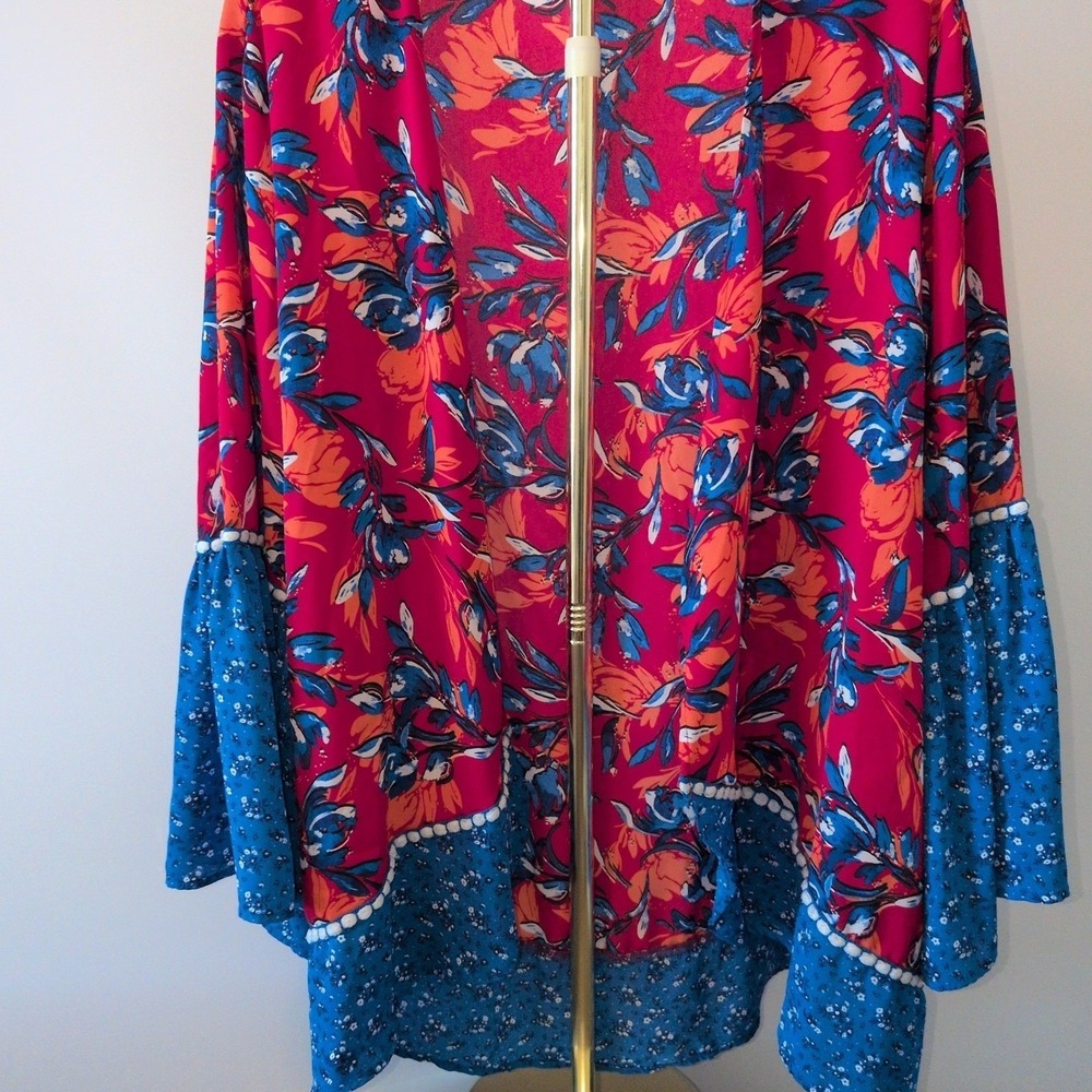 The Pioneer Woman Women L/XL Kimono Cardigan Pink Blue Floral Pom Pom Trim
